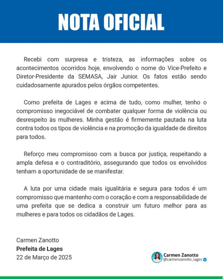 NOTA OFICIAL DA PREFEITURA DE LAGES