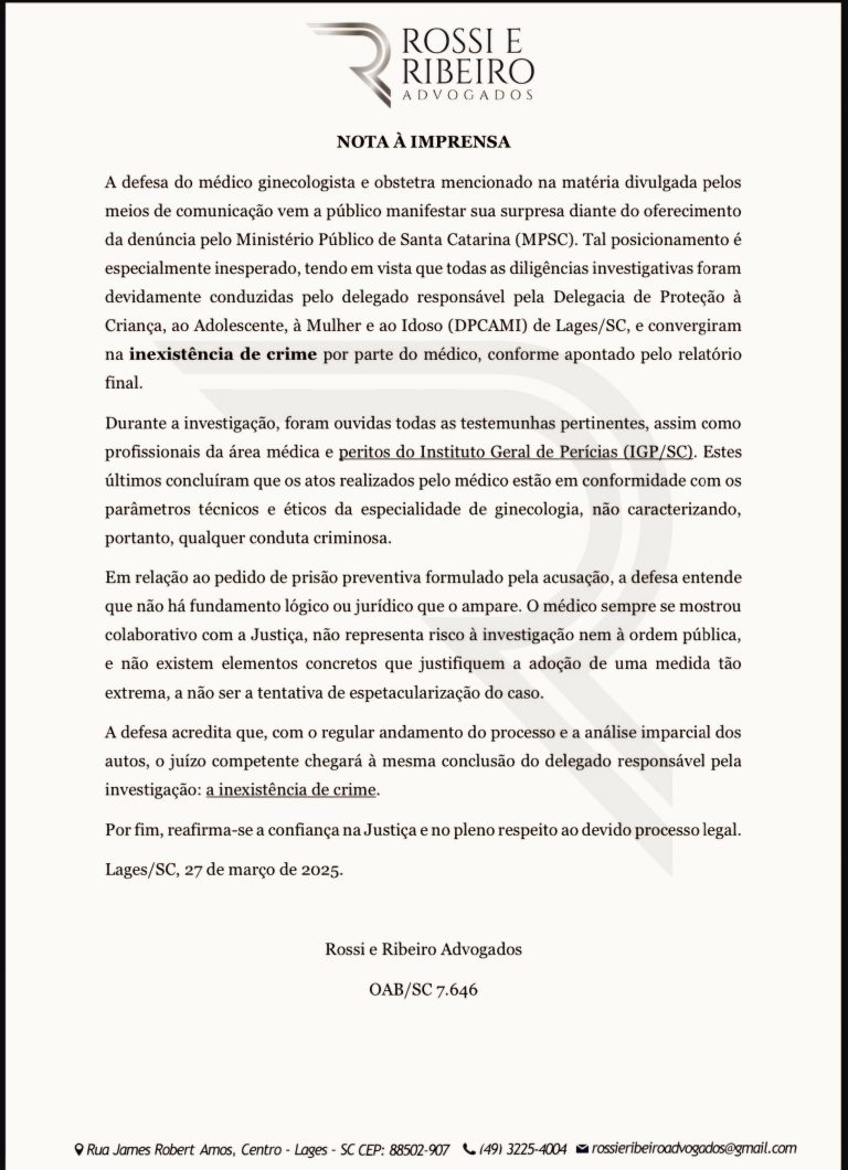 NOTA DE MANIFESTAÇÃO DA DEFESA DO MÉDICO GINECOLOGISTA