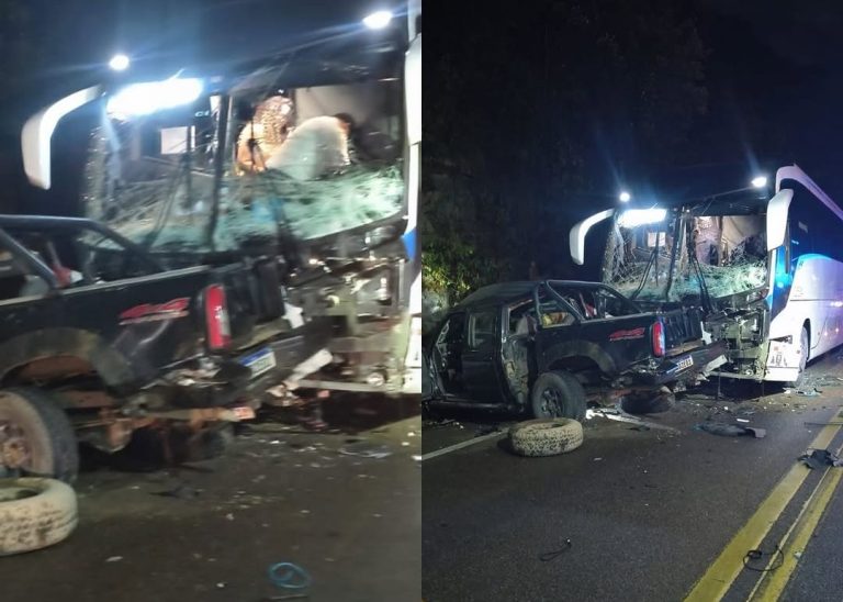 Colisão frontal entre caminhonete e ônibus deixa dois mortos