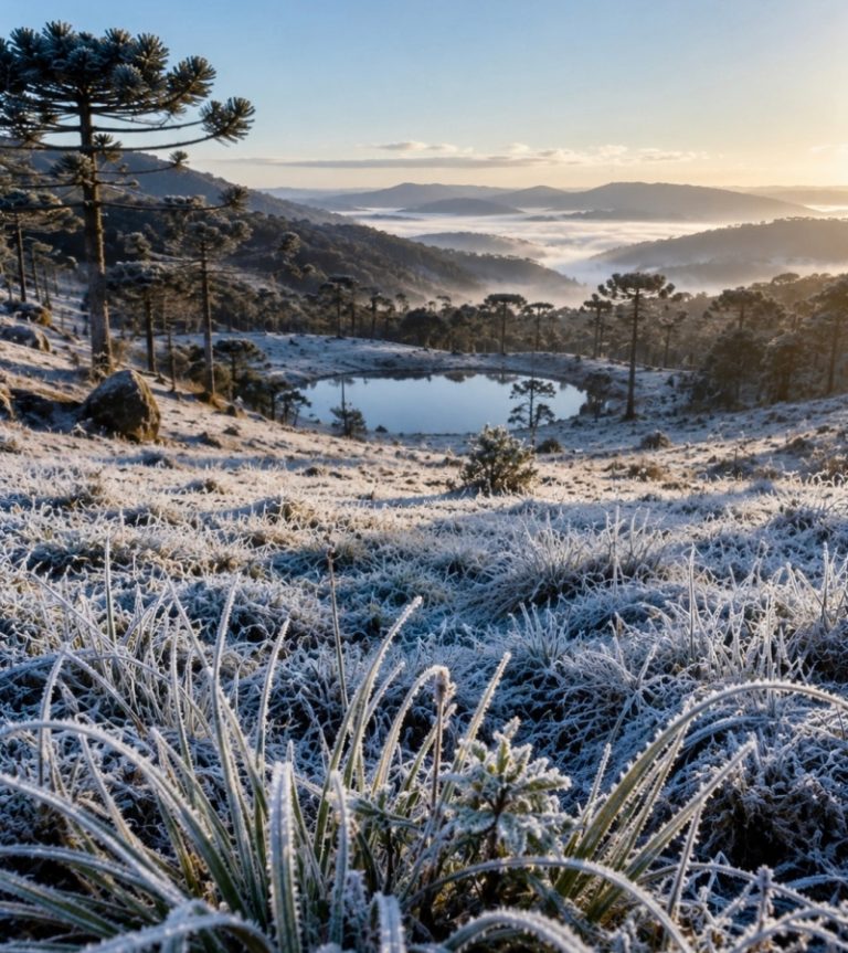 Frio de -9,1°C congela a paisagem na região mais fria do Brasil em dia de inverno rigoroso